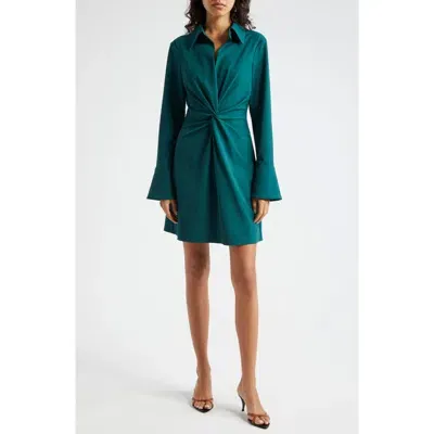 Cinq À Sept Mckenna Front Twist Long Sleeve Mini Shirtdress In Green Onyx