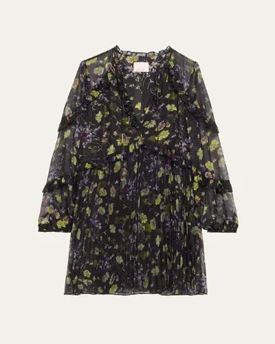 Cinq À Sept Robin Sheer Floral Long-sleeve Mini Dress In Black Multi