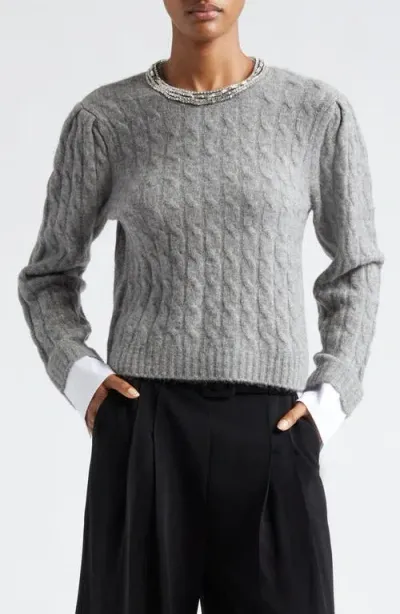 Cinq À Sept Rosario Necklace Cable-knit Combo Sweater In Light Heather G