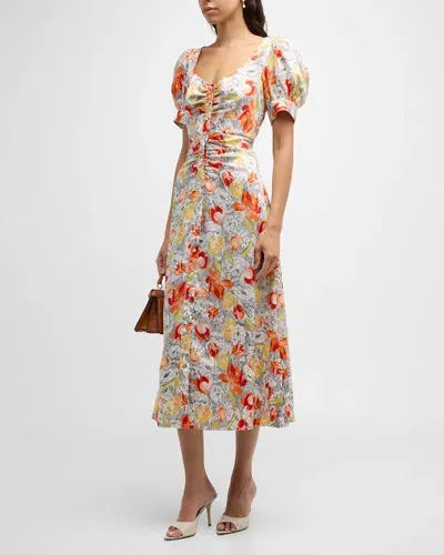 Cinq À Sept Ximena Draped Floral Puff-sleeve V-neck Midi Dress In Ivory Multi