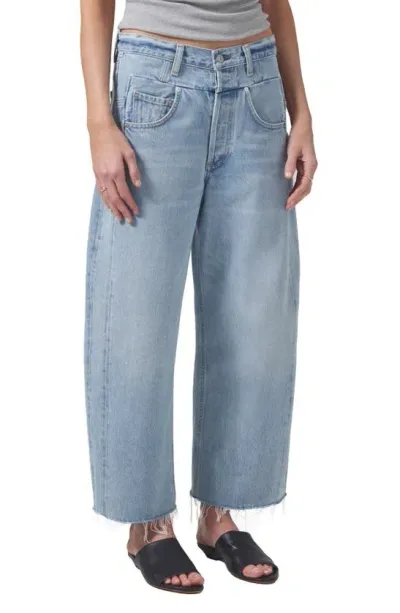 Citizens Of Humanity Bisou High Waist Raw Hem Crop Barrel Wide Leg Jeans In Blue