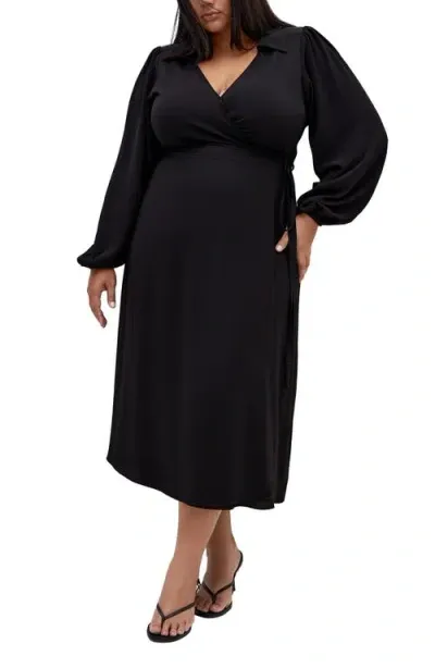 City Chic Arizona Long Sleeve Wrap Dress In Black