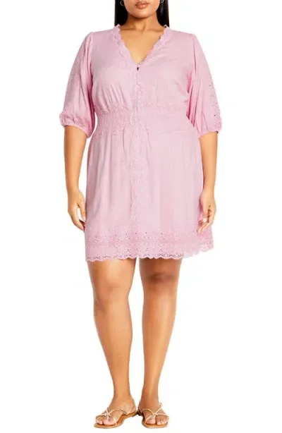 City Chic Belle Puff Sleeve Button Front Lace Dress In Lavender