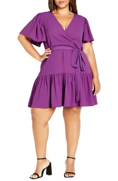 City Chic Catherine Tiered Flutter Sleeve Faux Wrap Dress In Wisteria