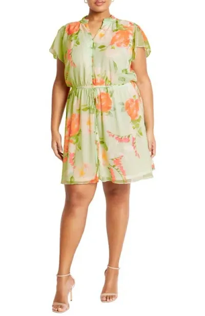 City Chic Christa Floral Print Button-up Chiffon Dress In Petal Perfection