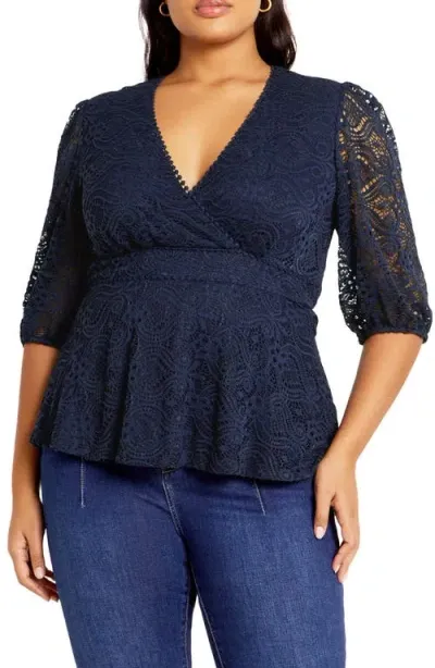 City Chic Christa Lace Peplum Top In Navy