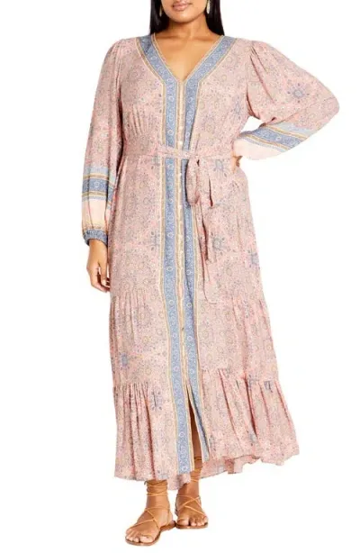 City Chic Clover Tie Belt Button Front Long Sleeve Maxi Dress In Peachy Border