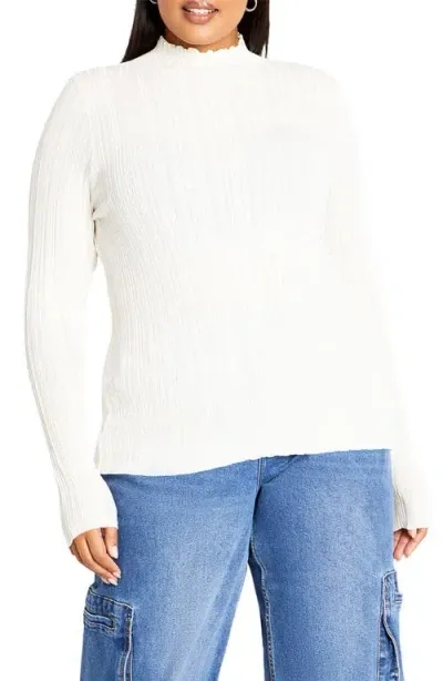 City Chic Crinkle Mock Neck Sweater In White