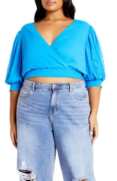 City Chic Dee Swiss Dot Tie Back Crop Top In Cornflower