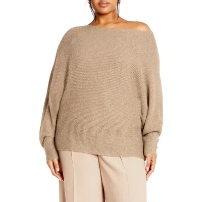 City Chic Eleni Slouchy One-shoulder Sweater In Caramel