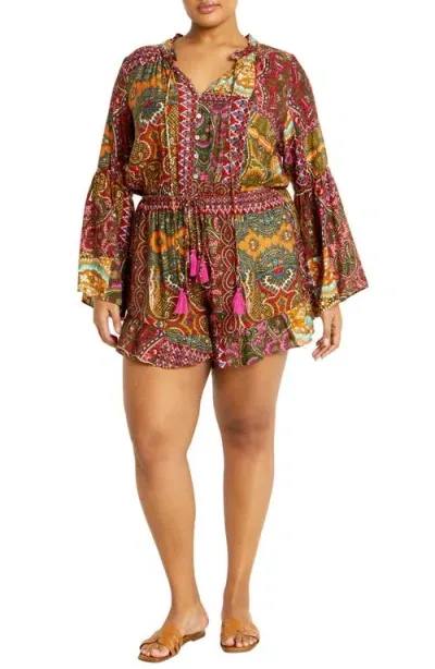 City Chic Erica Long Sleeve Romper In Kaleidoscope