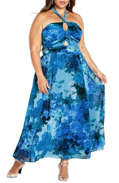 City Chic Everlee Floral Print Halter Dress In Blue Beauty