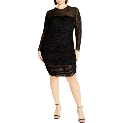 City Chic Frankie Swirl Ruched Semisheer Long Sleeve Dress In Black