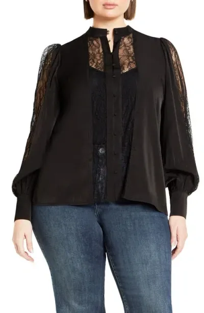 City Chic Georgia Lace Inset Sateen Button-up Shirt In Black