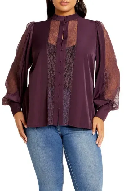 City Chic Georgia Lace Inset Sateen Button-up Shirt In Dusty Mauve