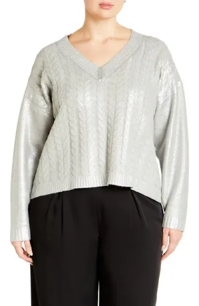 City Chic Iliana Metallic Cable Stitch Sweater In Silver