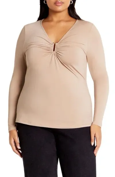 City Chic Izzy U-bar Jersey Top In Beige