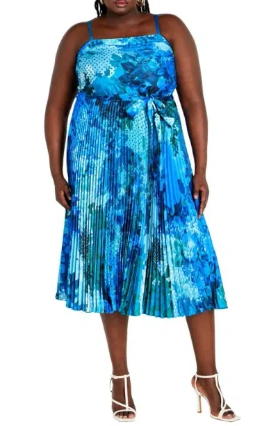 City Chic Jayda Print Pleated Sundress In Blue Beauty