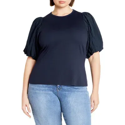 City Chic Kiki Puff Sleeve Mixed Media Top In Navy