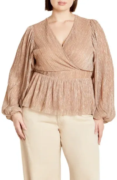 City Chic Lilian Metallic Wrap Front Top In Soft Blush