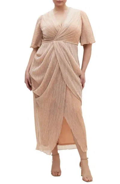 City Chic Lily Metallic Ruched Dress In Soft Blush