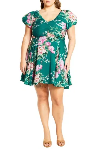 City Chic Marci Pleated Bodice Floral Print Tie Back Dress In Jade Sweet Blossom