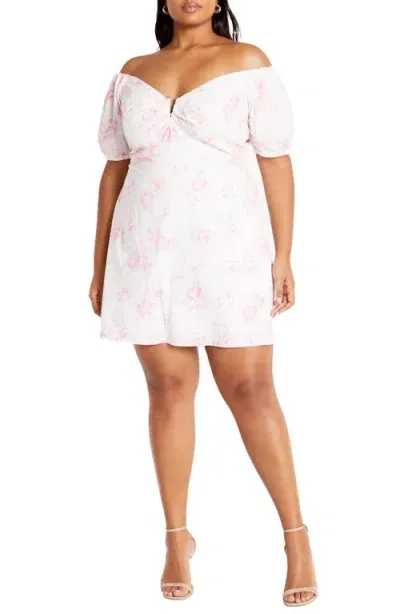 City Chic Martine Floral Off The Shoulder Stretch Cotton Minidress In Etched Rose