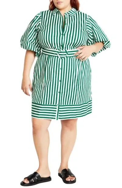 City Chic May Stripe Stretch Poplin Shirtdress In Green Stripe