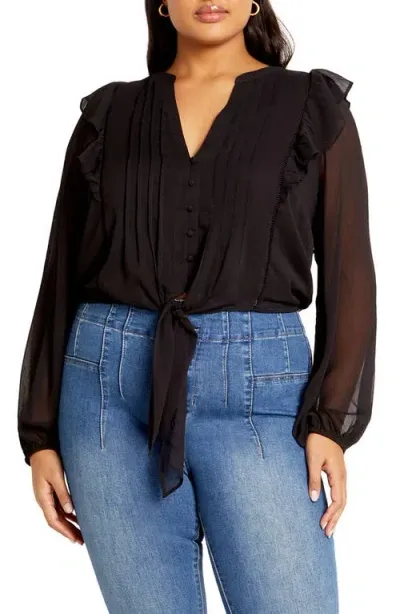 City Chic Melina Sheer Balloon Sleeve Crop Top In Black