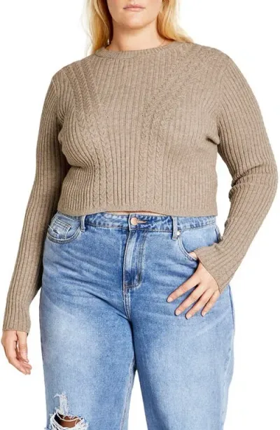 City Chic Mixed Stitch Crewneck Sweater In Taupe