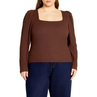 City Chic Mysteria Shirred Square Neck Puff Shoulder Long Sleeve Top In Chocolate