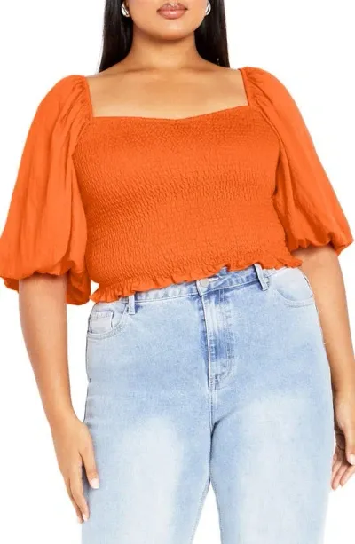 City Chic Poppie Smocked Puff Sleeve Top In Tangerine Tango