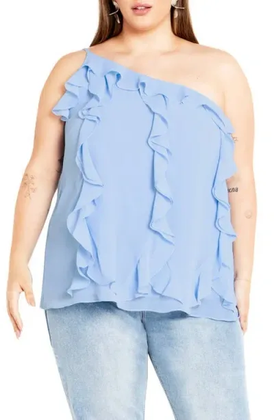 City Chic Rita Ruffle One Shoulder Top In Baby Blue