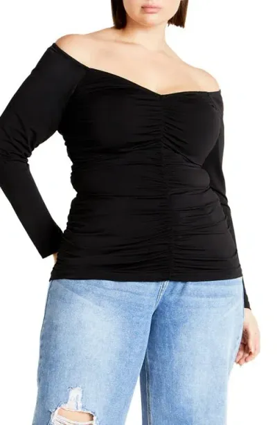 City Chic Sally Ruched Off The Shoulder Top In Black