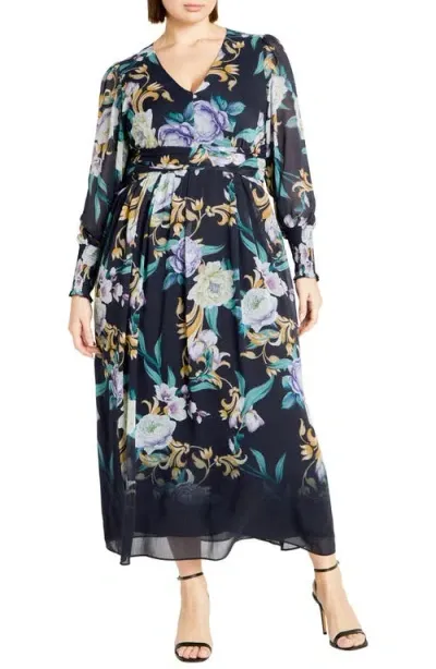 City Chic Selena Floral Long Sleeve Chiffon Maxi Dress In Kiss Me Sweet Brd