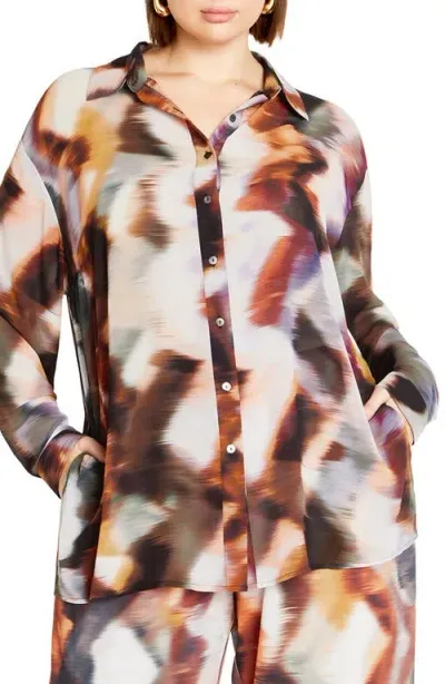 City Chic Sheer Lover Print Long Sleeve Shirt In Minerals