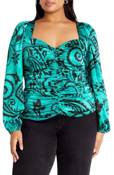 City Chic Sienna Paisley Print Ruched Top In Peacock Paisley