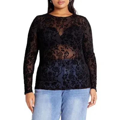 City Chic Sienna Velvet Floral Mesh Long Sleeve Top In Black