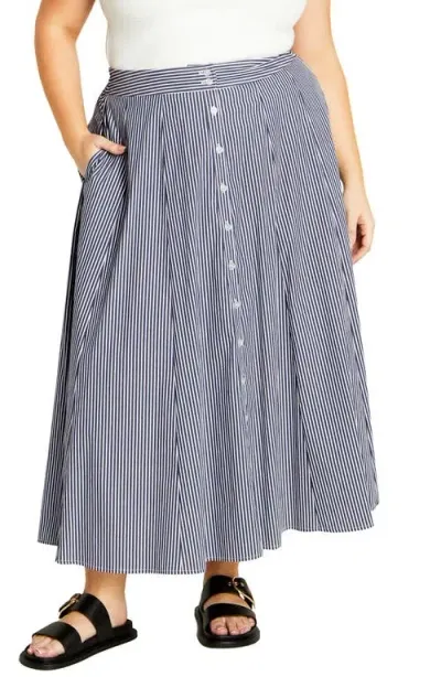 City Chic Skylight Button Front Skirt In Navy/white