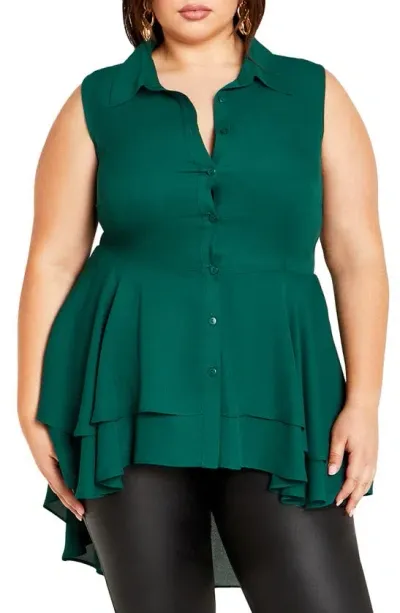 City Chic Tiered Ruffle Hem Sleeveless Button-up Shirt In Sea Green