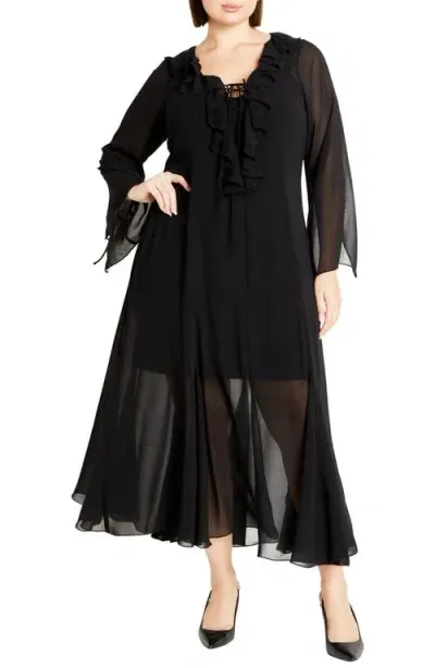 City Chic Vamp Ruffle Long Sleeve Maxi Dress In Black