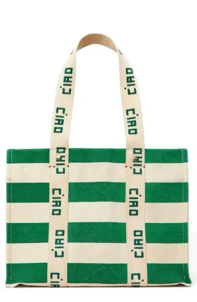 Clare V . Noemie Stripe Cotton Canvas Tote In Palm Green/canvas Stripe