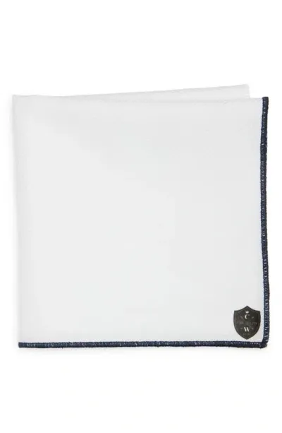 Clifton Wilson White Cotton Herringbone Pocket Square With Navy Trim In White/navy