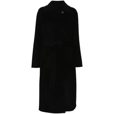 Closed Belted Felted Long Coat In Black