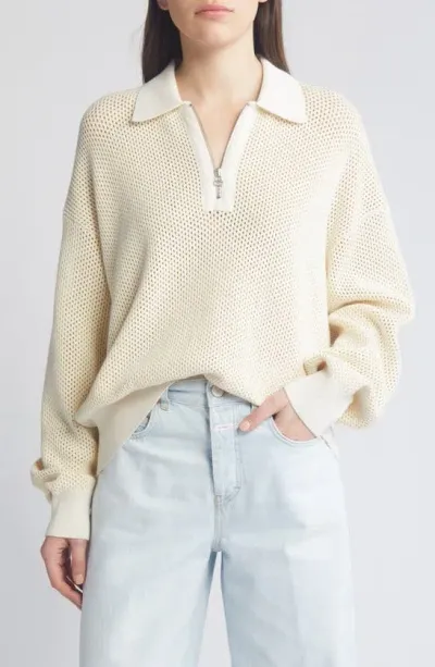 Closed Half-zip Open-knit Jumper In Neutrals