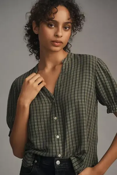 Cloth & Stone Puff-sleeve Linen Buttondown Top In Green