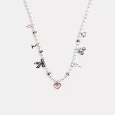 Coach Mini Bow Charms Pearl Necklace In Silver/pearl Multi