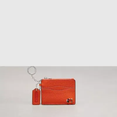 Coach Wavy Zip Card Case In Pebbled Topia Leather With Key Ring In Sun Orange