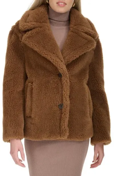 Cole Haan Teddy Wool Blend Faux Fur Jacket In Toffee