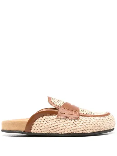 College Leather-trim Raffia Mules In A Rafia/ant.tan